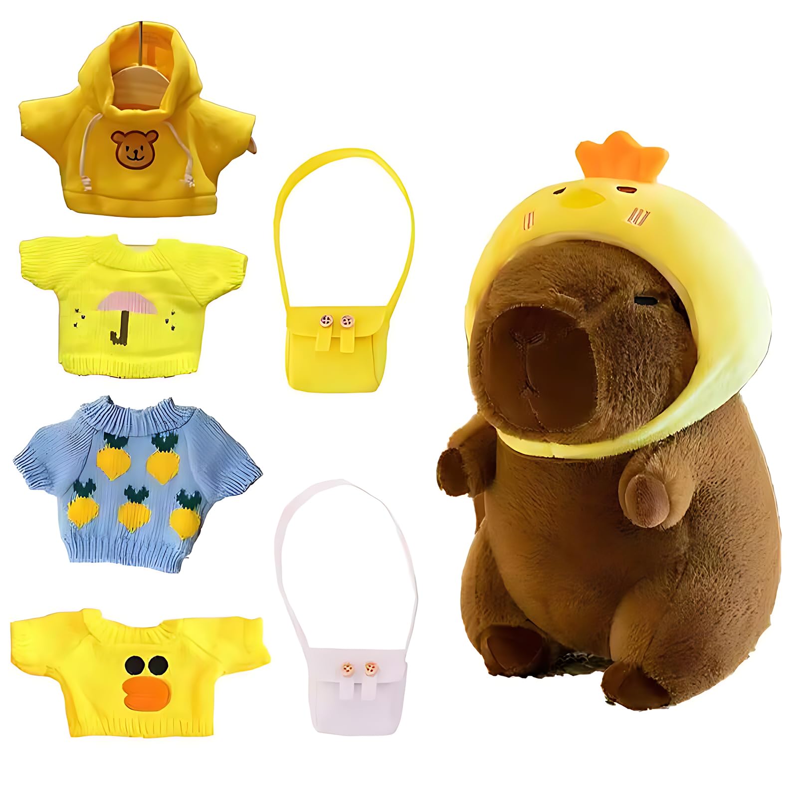 shirylzee Capybara Plush Yellow Chick, Capybara Stuffed Animal with 8PCS Clothes &Accessories, 25cm Dress Up Capybara Toy, Soft Capibara Plush Pillow for Kids Boys Girls