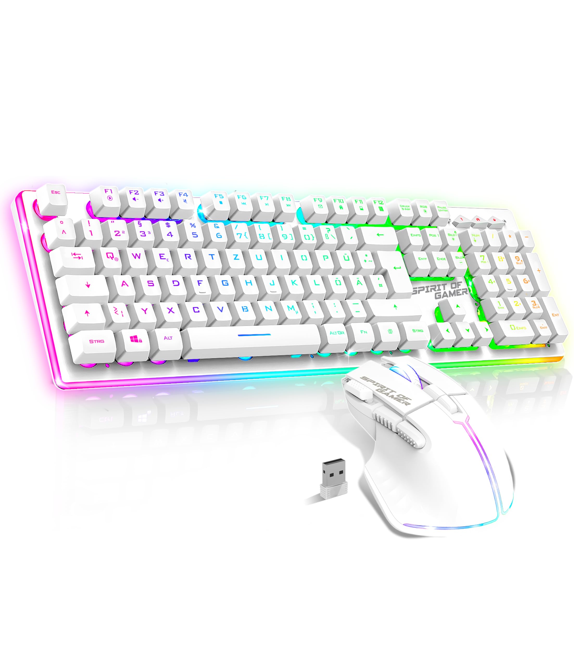 SPIRIT OF GAMER x MK600 | Pack Teclado Ratón Inalámbrico Gamer Blanco Recargable RGB | Diseño QWERTZ Alemán Retroiluminado | Gaming Keyboard Semi Mecánico | Wireless Mouse 4800 DPI | PS4/PS5, PC, Xbox
