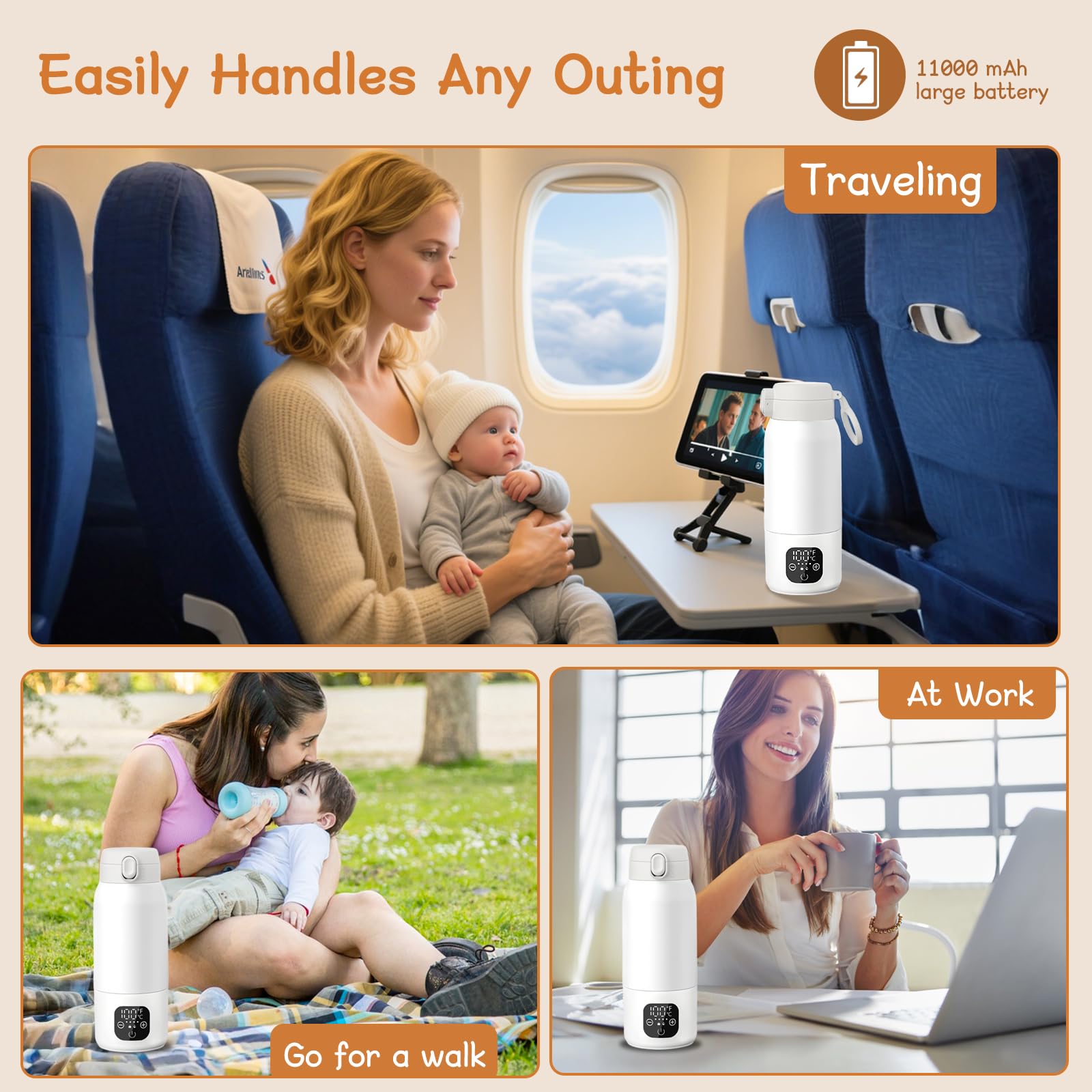 Baby Flaschenwärmer, Fast Baby Milk Bottle Warmer, Temperaturkontrolle 35~70 °C mit Digitalanzeige, Schnelles Aufheizen und Lange Akkulaufzeit 11000mAh, 500ml Kapazität für Reisen & Nachtfütterung