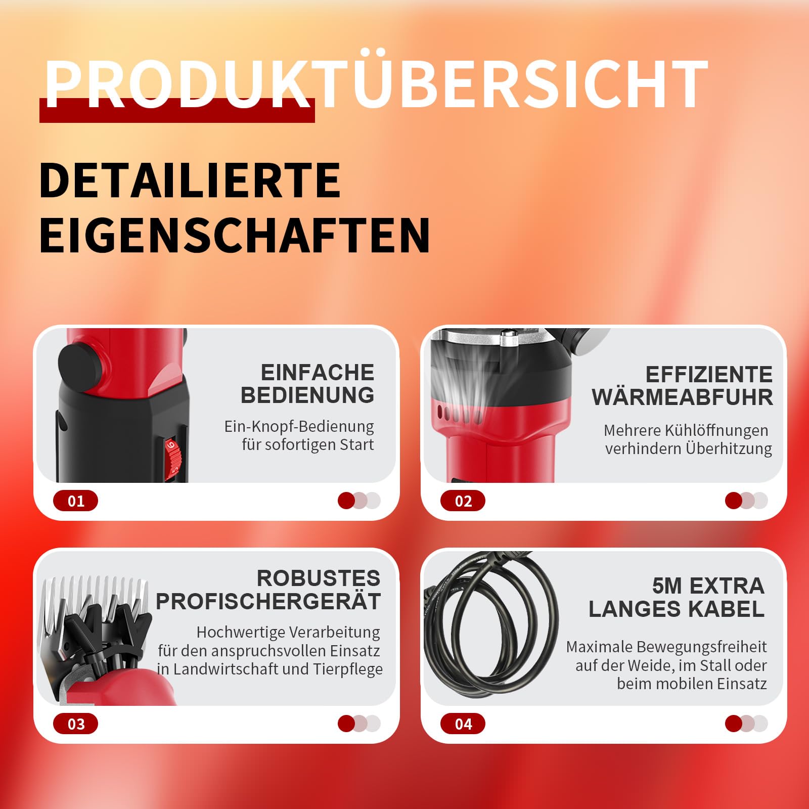 1200W High-Power Schafschermaschine, 6 Geschwindigkeiten, 3200 U/min, elektrische Schafschere mit 13-Zahn-Klinge, Set im Koffer, für Schafe, Alpakas, Ziegen (Rot)