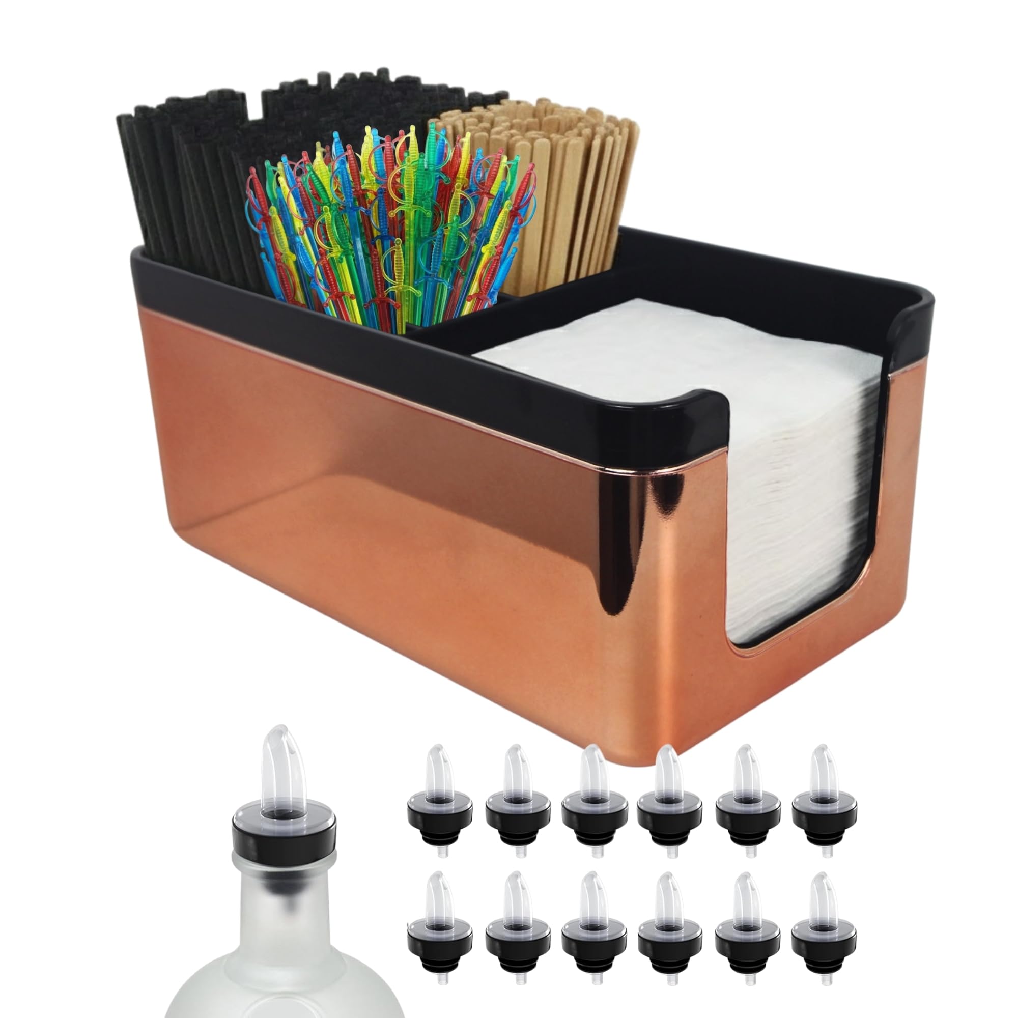 Esatto Professional Bar Products Premium Bar Caddy (Copper), Used to Easily Organize Bar Items and Workspace, With Additional 12 Pourers For Precision Pouring and 12 Pourer Covers