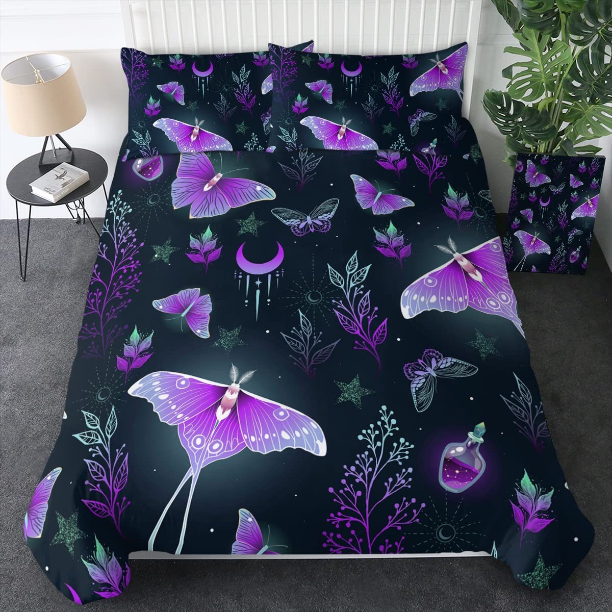 Sleepwish Butterfly Queen Bedding Sets for Girls Neon Purple Butterflies Bed Queen Set Turquoise Glitter Star Duvet Cover (Black)