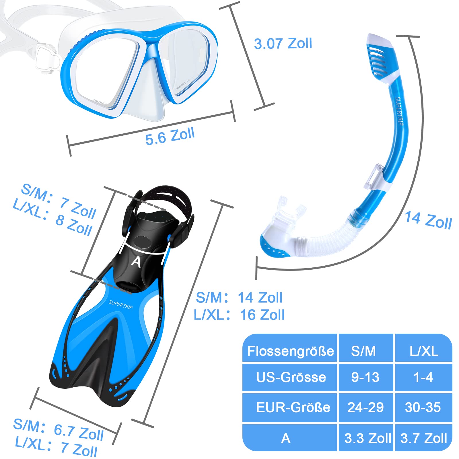 Supertrip Set da snorkeling bambini 3 pezzi pinne regolabili occhiali subacquei vetro temperato boccaglio ad asciugatura premium
