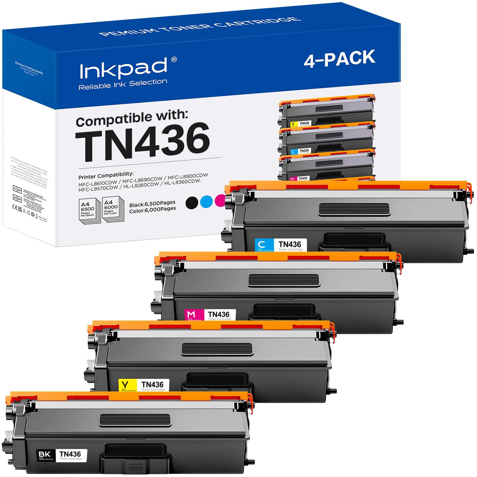 iNKPAD Compatible for TN436 Toner Cartridge Replacement for Brother TN436 TN 436 TN433 TN431 for HL-L8360CDW HL-L8260CDW MFC-L8900CDW MFC-L8690CDW Printer (Cyan, Yellow, Magenta, Black, 4 Pack)