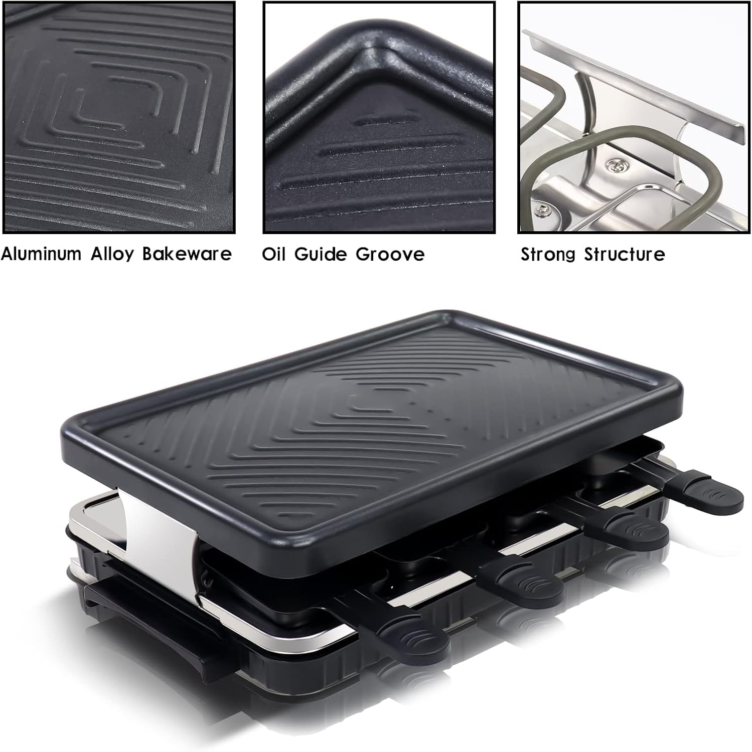 Máquina de parrilla interior para 8 personas 8 mini sartenes antiadherentes para raclette platos de queso cocina fiesta cocina cocina salud parrilla eléctrica sin humo 1 sartén para bistec 4 espátula