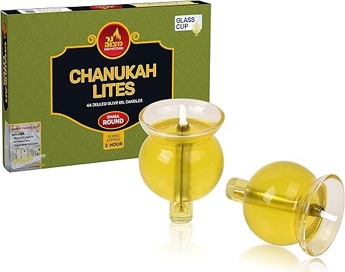 Menorah Jelled Oil Chanukah Lites - Redondo medio - 44 velas de aceite de oliva en gelatina prellenadas - Aceite de oliva puro de calidad con mechas