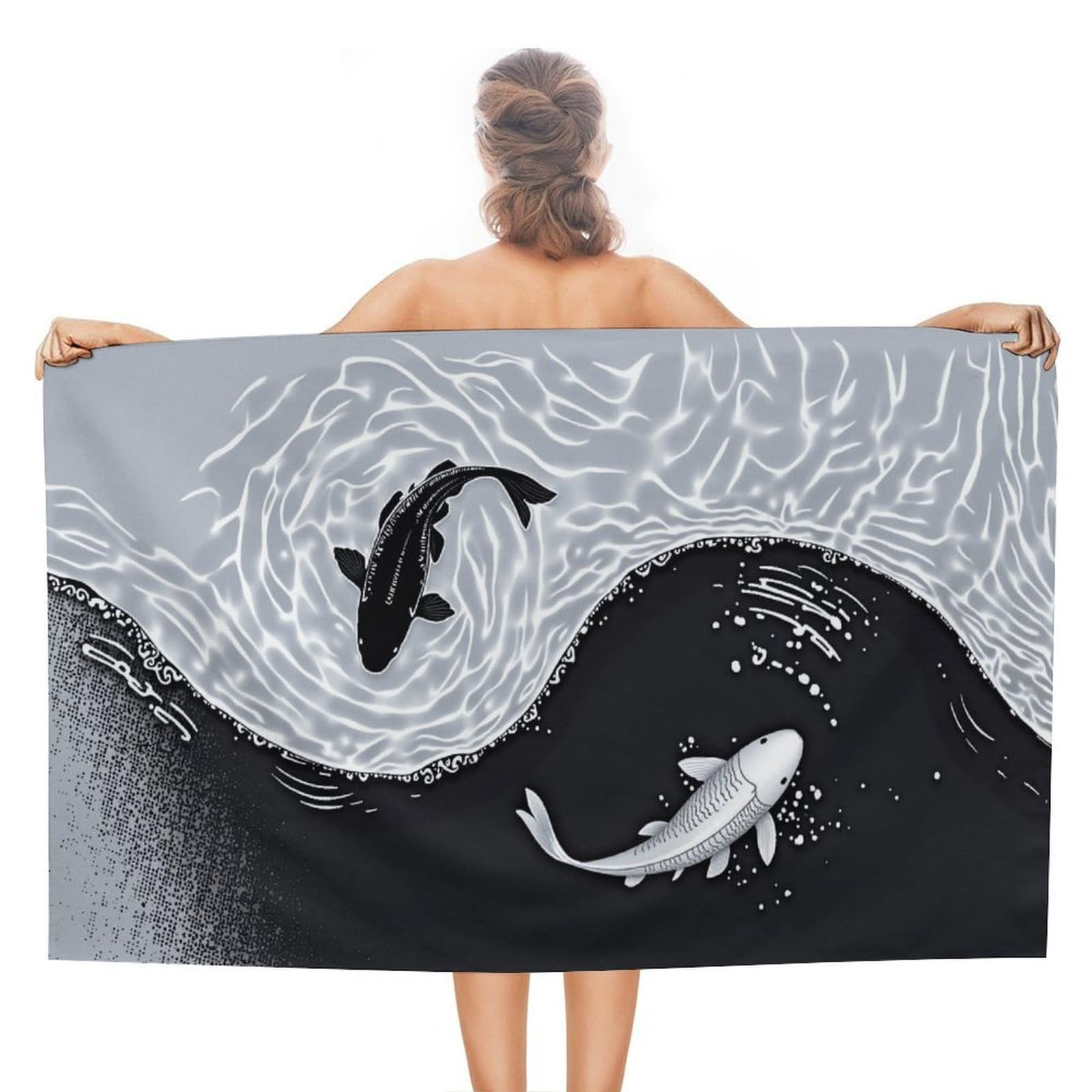 Anceky Yin Yang Koi Fish Beach Towel Microfiber Soft Absorbent Oversized Large Bath Towel Blanket Thin Quick Dry for Adults Swimming Pool Yoga Gym Travel 51"X31"