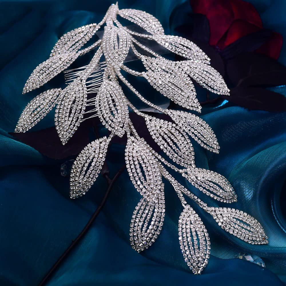 Haarkamm Hochzeit Silber Braut Haarschmuck aus Strass Kristall Damen Mädchen Kopfschmuck Brautschmuck Blatt Haar Schmuck Steckkämme