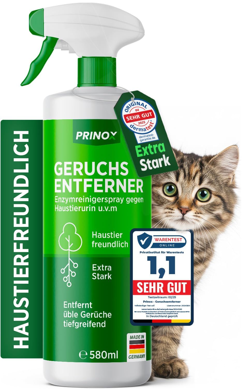 PRINOX Geruchsneutralisierer 580 ml - Enzymreiniger Konzentrat - Geruchsentferner gegen alle Gerüche, wie Katzenurin Geruch auf Sofa, Sessel, Matratze, Auto, Matratze