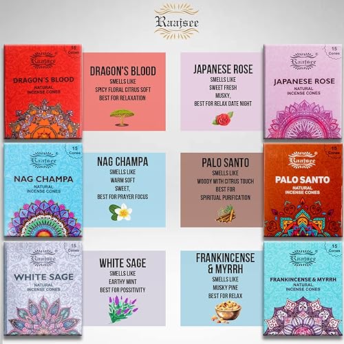 Miniatura 3 de Raajsee Conos de incienso naturales, paquete de 6 aromas mixtos, paquete de regalo de 15 piezas cada uno (90 en total), paquete variado de conos
