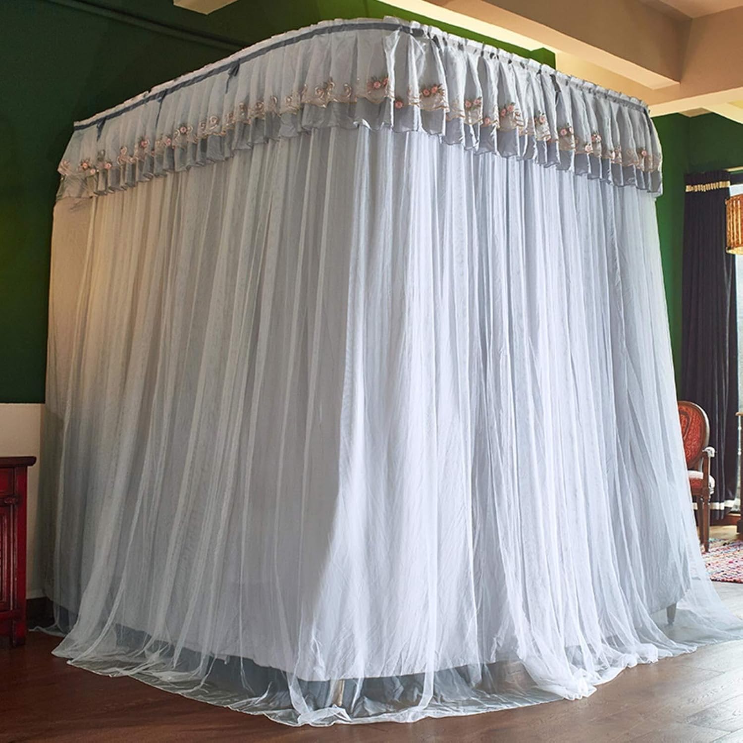 Princess Canopy Bed Curtains, 4-Corner Post Double Layer Mosquito Net, Cozy Mesh Bed Tent for Bedroom & Home Decor(Blue Grey,2.0M Bed)