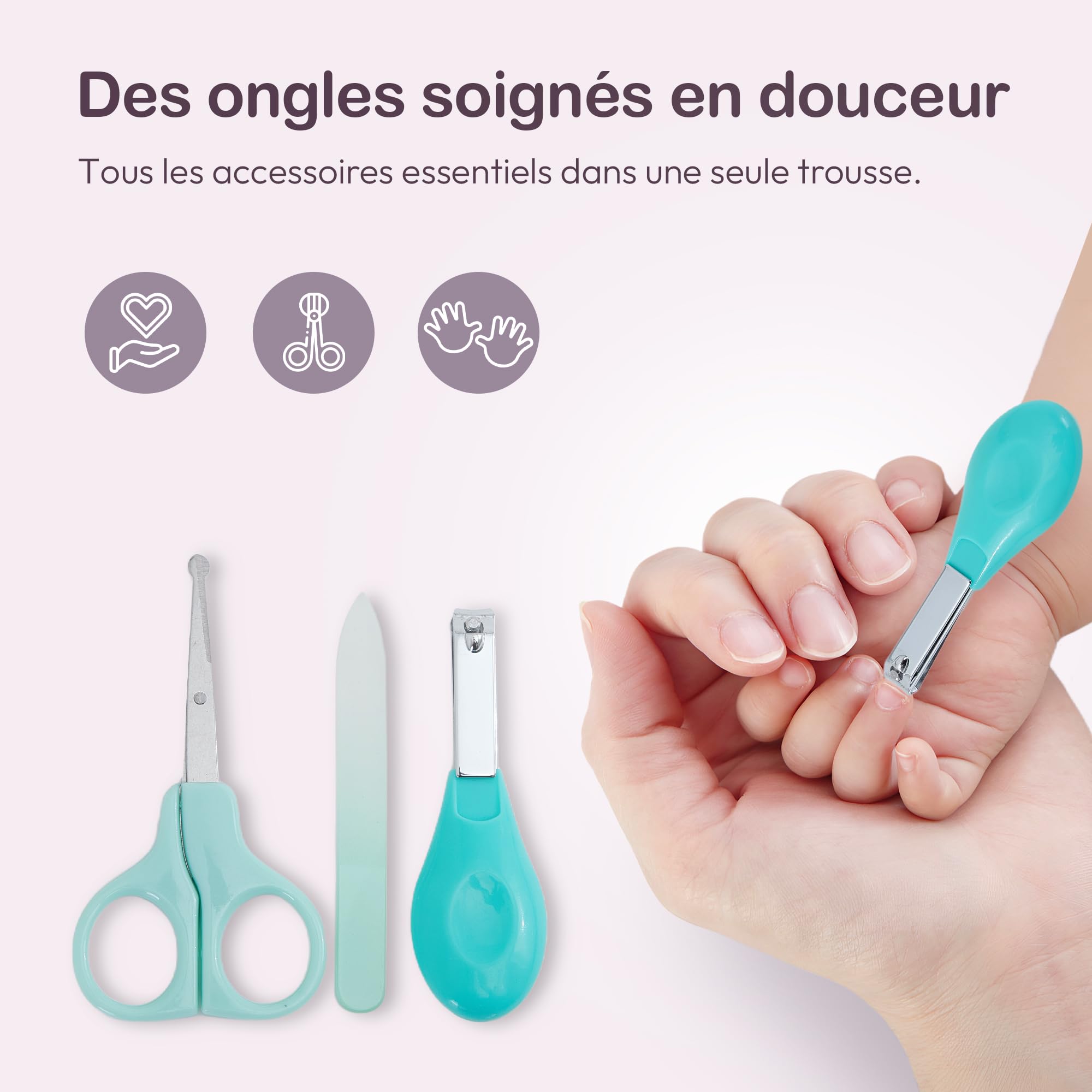 Trousse de toilette soin bebe : thermomètre frontal, mouche bebe seringue nasale, thermometre interieur et bain, lime ponceuse ongles, coffret naissance complet (Thermométre de bain rose)