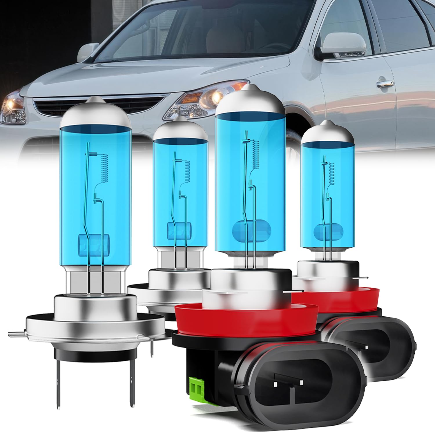 Headlight Bulbs Compatible With Hyundai Veracruz 2007-2012, H7 High Beam + H11 Low Beam Halogen Light Bulb Combo, Super Bright 6000K White, Plug and Play, Pack of 4