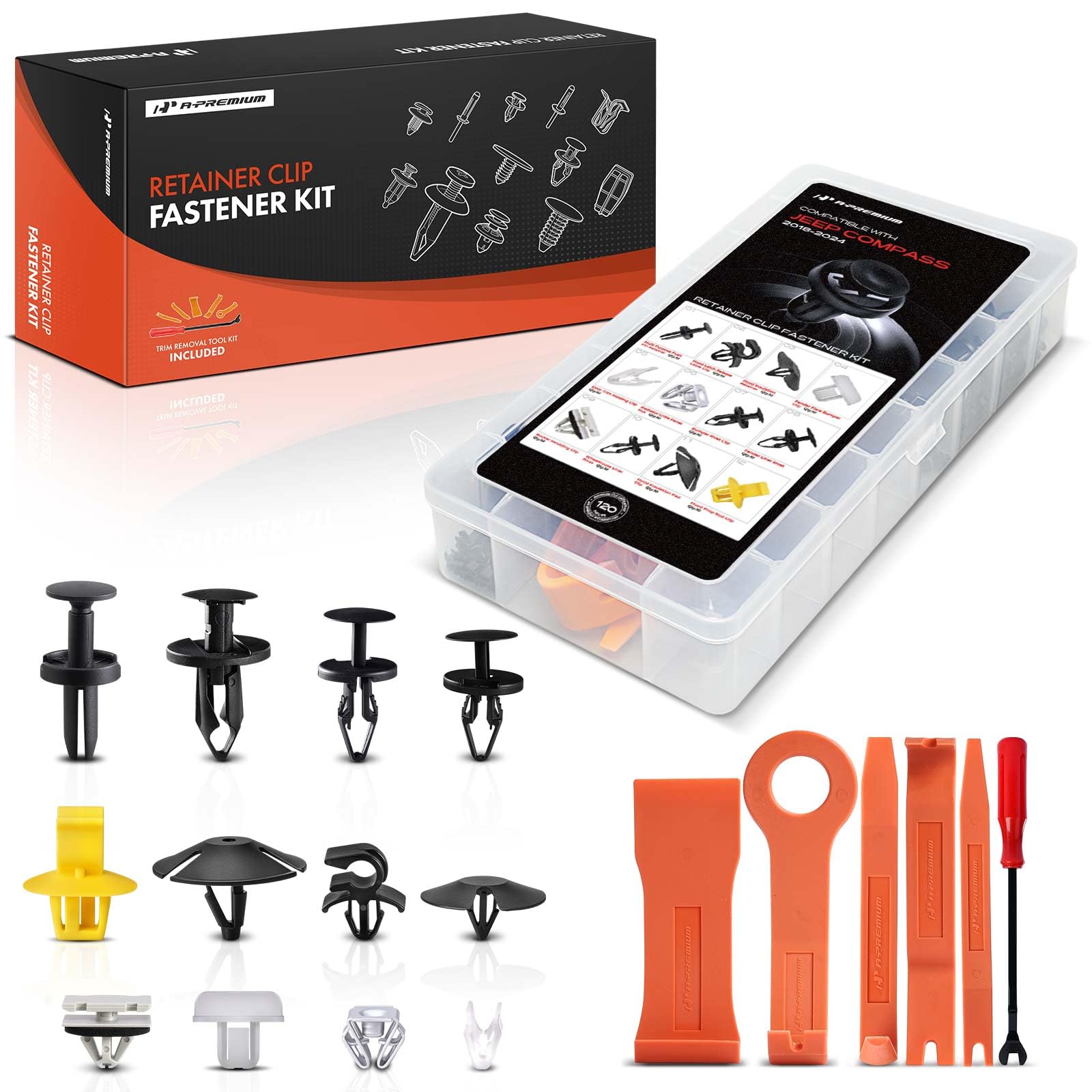 A-Premium 120PCS (12-Type) Car Retainer Clips Kit Compatible with Jeep Compass 2018-2024 Bumper Fender Shield Hood Prop Radiator Auto Push Pin Plastic Rivet Fastener Replacement Set w/Removal Tool