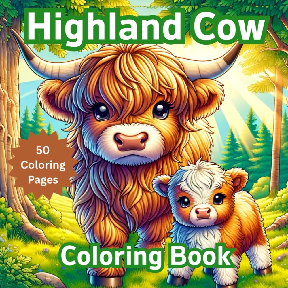 Highland Cow Coloring Book: 50 Cute Coloring Pages for Kids and Adults