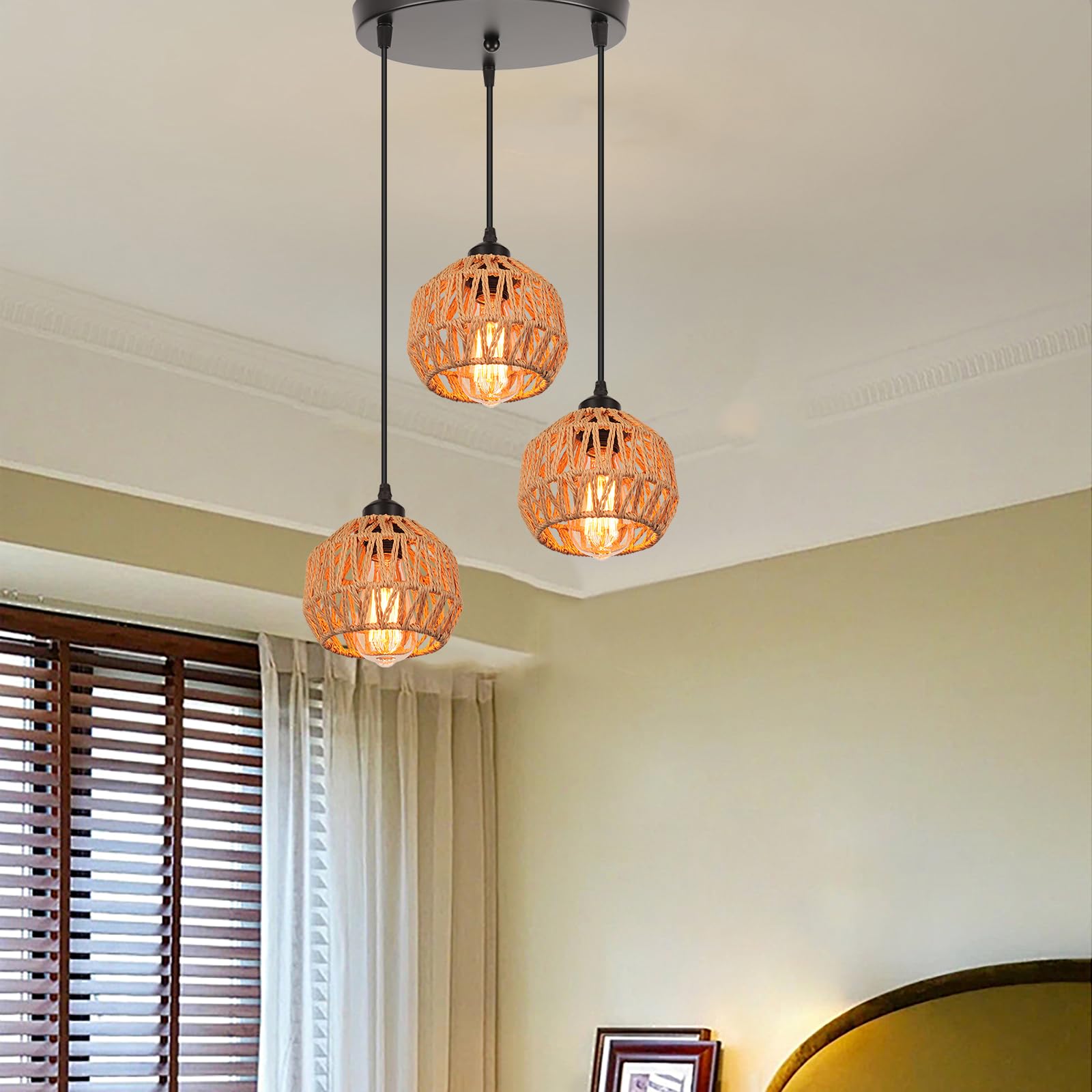 3-Light industrialna lampa wisząca w stylu vintage, metalowa linka papierowa, lampa wisząca, E27, retro, lampa sufitowa do jadalni, salonu, sypialni