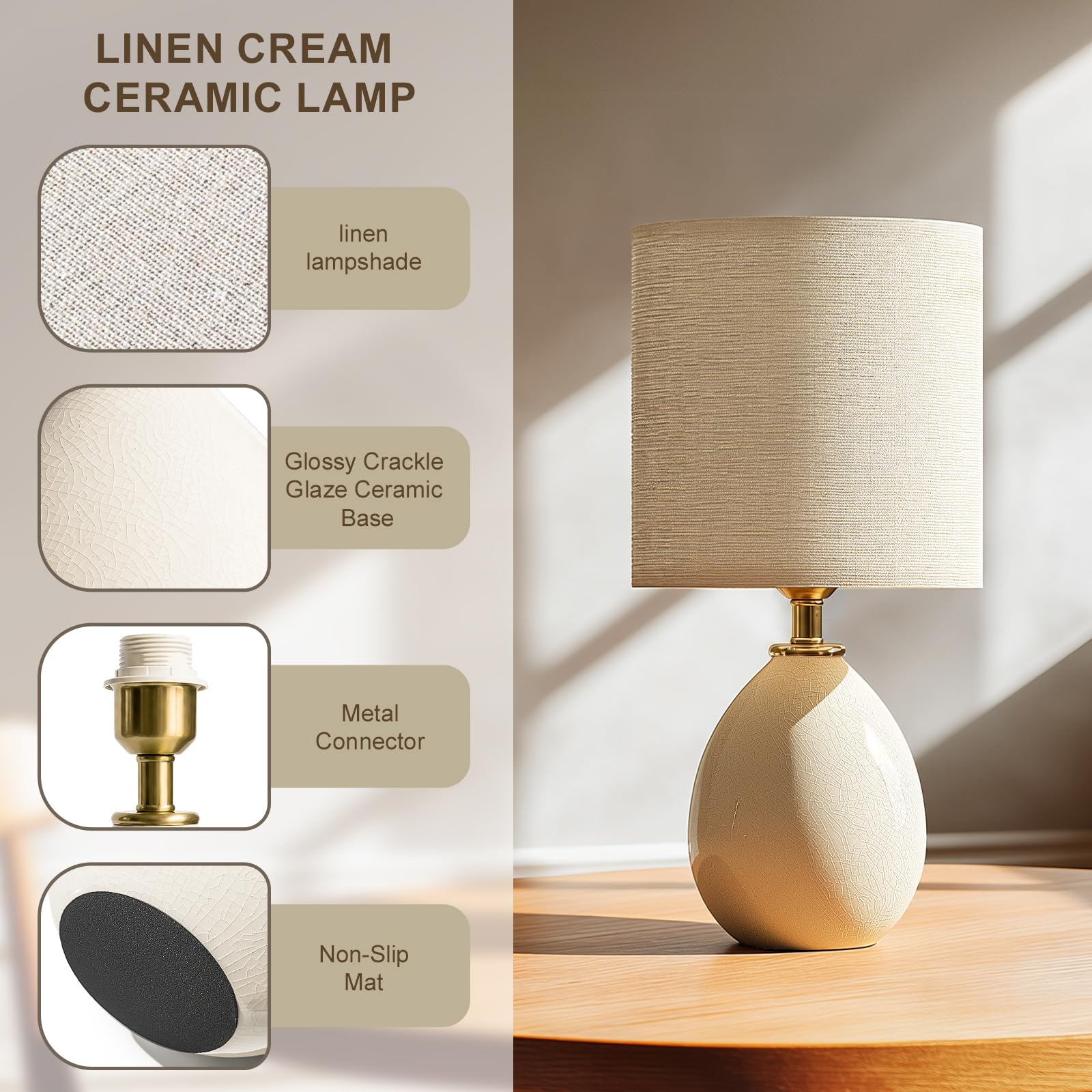 Dawnwake Nachttischlampe, 2-Teiliges Set, Dimmbare LED-Tischlampe Mit Keramikfuß und Leinenschirm, Geeignet Für Schlafzimmer, Wohnzimmer und Büro[Energieeffizienzklasse F]