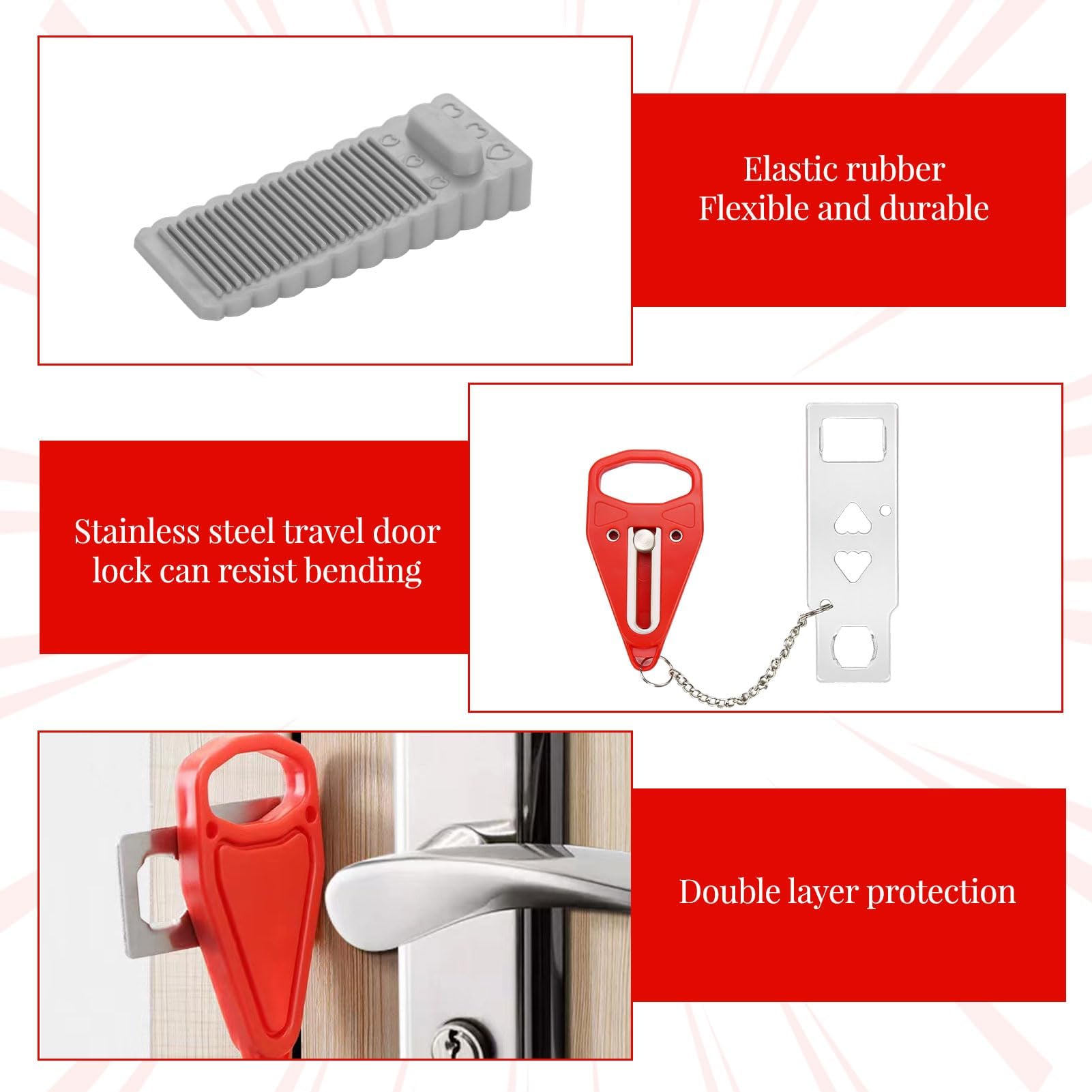 3 PCS Portable Door Lock Set,Anti-Theft,Easy Install Hotel Door Lock Travel Safet for Hotels/Homes with 2 Door Stoppers & Storage Bag,for Travelers and Students - Image 3