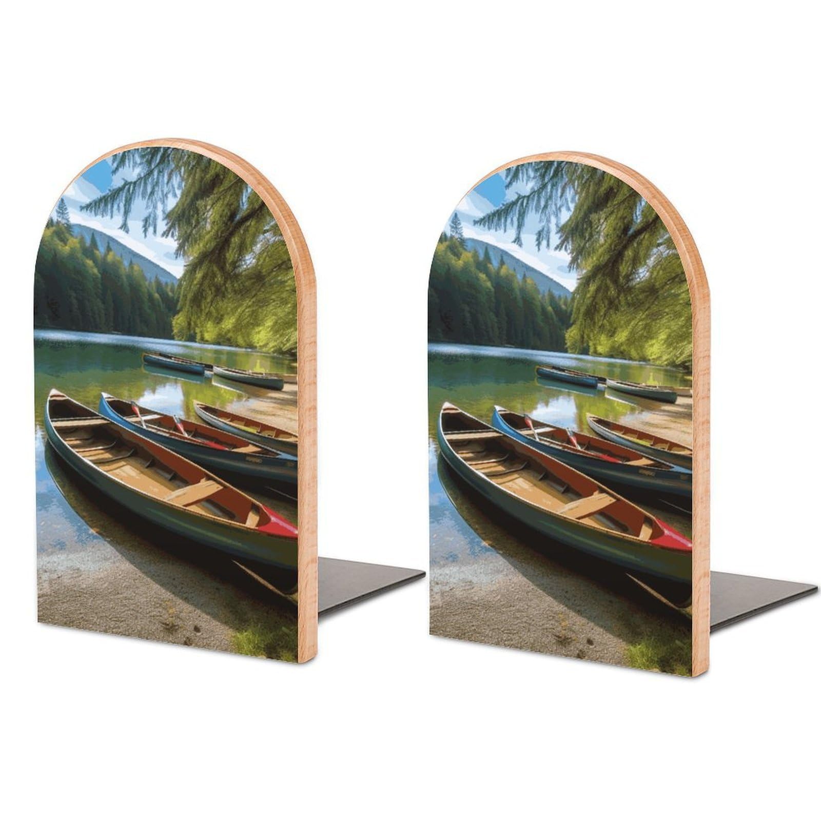 Lake with Boats Canoes Park Bookend Modern Bookends for Shelves Non-Skid Book Holder Heavy Duty Metal Book Storage for Books CDs Decorative Book Stopper for Home