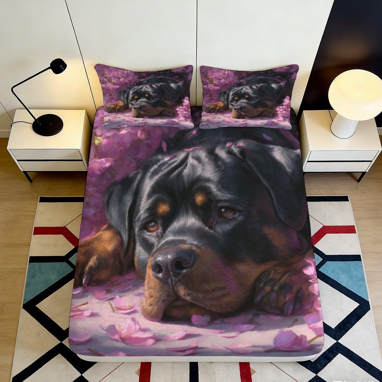 Jqzkxnhpbr Style-6 3D Printed Rottweiler Dog Fitted Sheet Microfiber Purple Art Bed Cover Non-Slip Machine Washable For Bedroom Guestroom 90X200x25cm