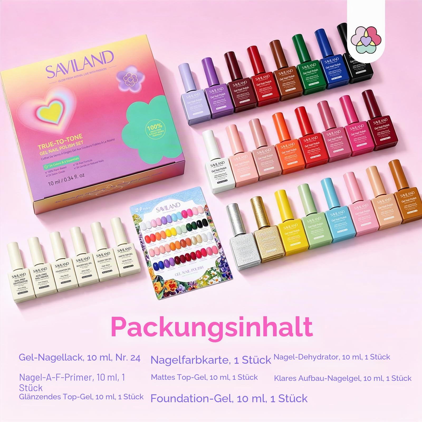 SAVILAND All-in-1 U V Nagellack Set 24 Stück HEMA-freies Gel Nägel Set | U V Soak Off Gel Polish mit Farbkarte Unterlack Überlack Builder Gel für Nagel Design Salons Geschenke für Frauen 10 ml