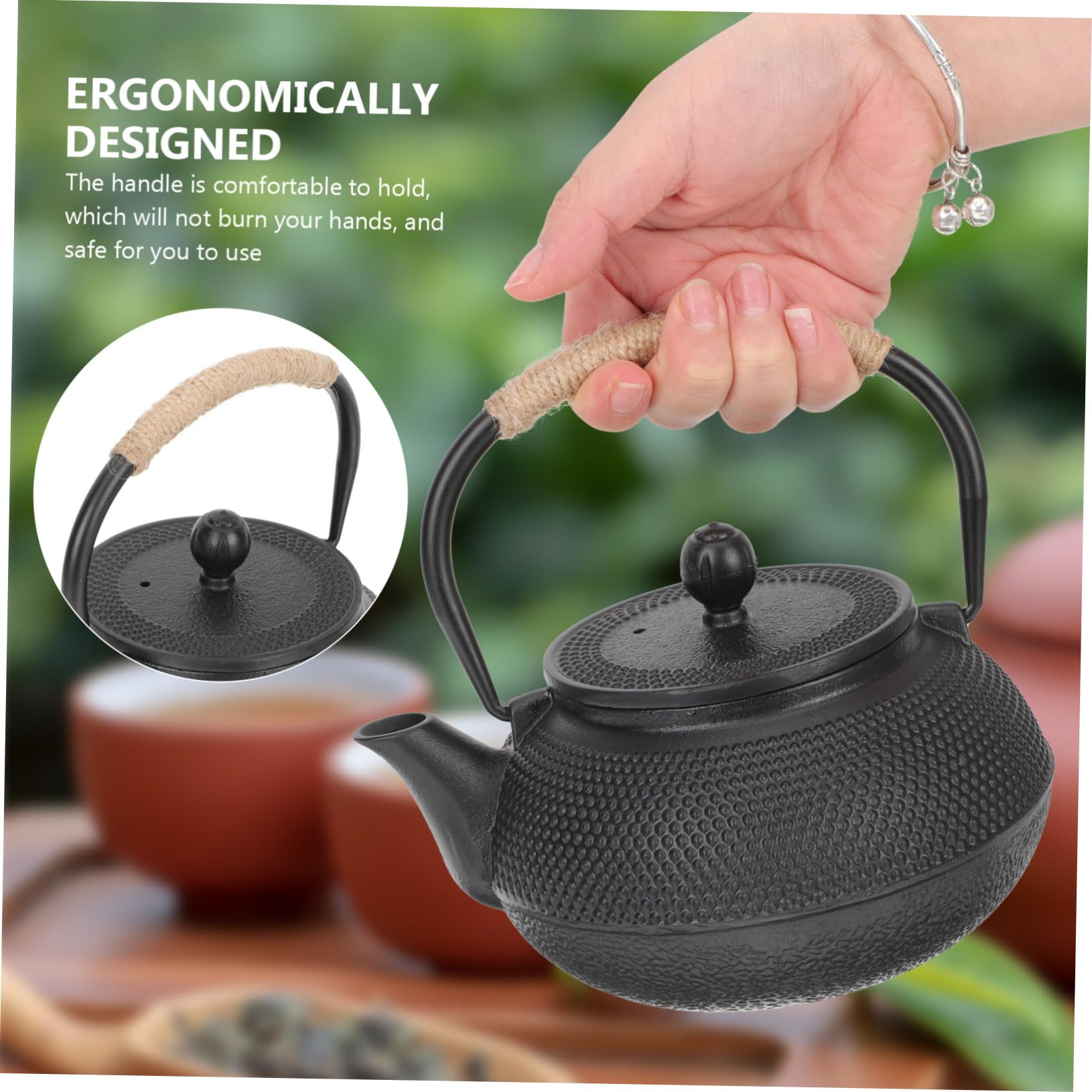 Tetera de Hierro Fundido Tetsubin Negra de 800ml para Té | Infusor, Asa Cómoda, Limpieza Sencilla Retención Térmica, Uso Doméstico, Acabado Tallado