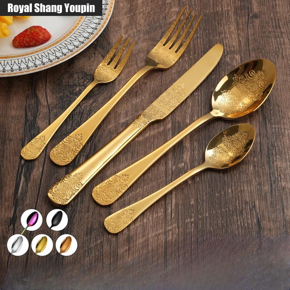 Retro Modello in Rilievo Cucina in Acciaio Inox Posate Posate Posate Set Coltello Da Bistecca Forchetta Cucchiaio Cucchiaino (Oro rosa,20 pezzi)