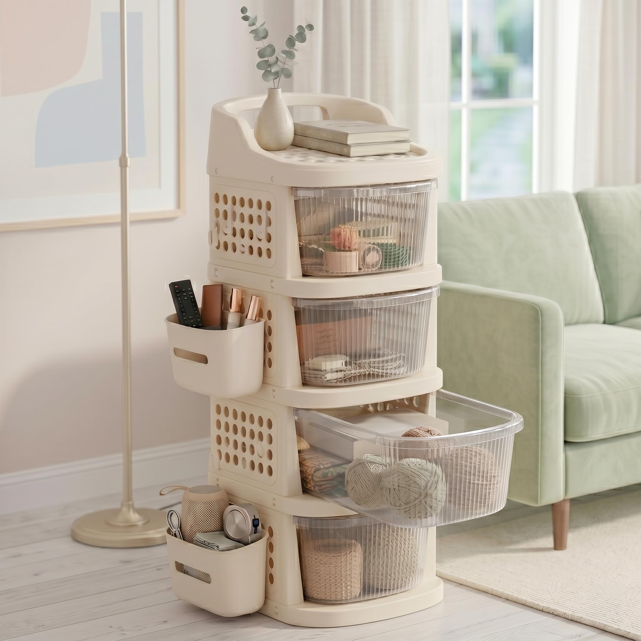 TEX-RO 4 Layer Plastic Drawer Cabinet with Wheels & Side Hooks | Stackable Storage Trolley Organiser for Kitchen | Multipurpose Drawers Organisers Rack with Basket - Transparent And Ivory