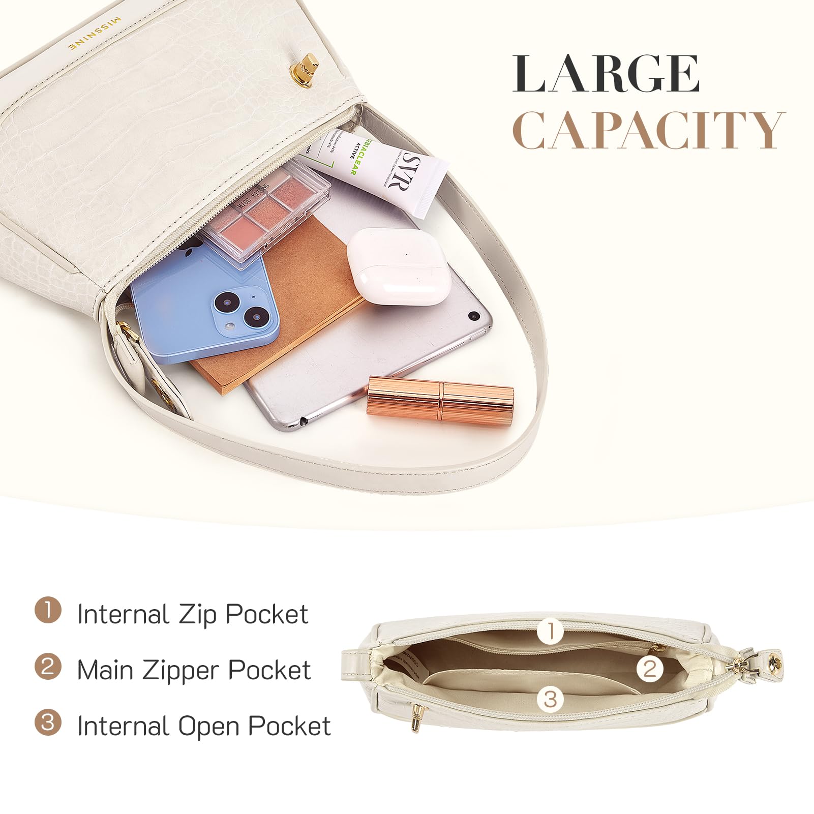 Missnine Shoulder Bag for Women Small Purse Trendy Clutch Hobo Bag Vegan Leather Mini Handbag with Zipper Closure