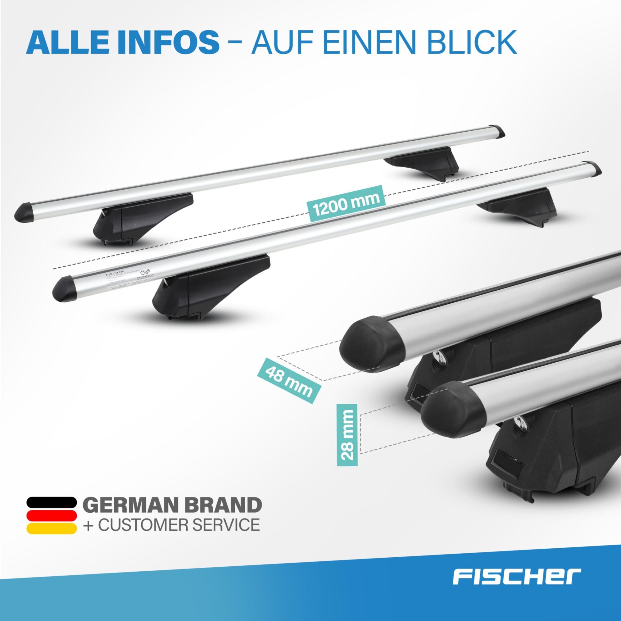 FISCHER Barre portapacchi CrossLine L, per portabici, box da tetto o portasci, per portapacchi integrati, portata 75 kg, premontate, con serratura, spessore 45 x 28 mm, lunghezza barra: 120 cm