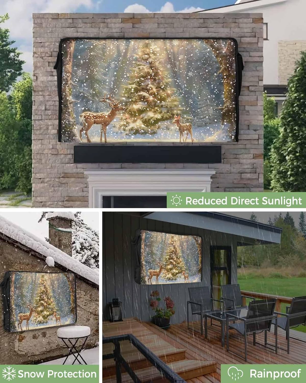 Christmas Elk Outdoor TV Cover 80"-85" - 600D Waterproof TV Cover Weatherproof TV Screen Protector Dustproof Winter Xmas Tree Snow TV Display Protector for Outside Flat Screen TV