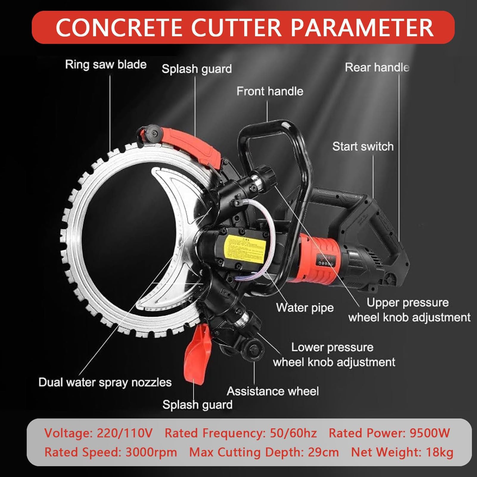 Sega Ad Anello per Cemento 8800W/9500W | Sega Elettrica per Cemento 3000 Giri/Min | Chaser a Parete Senza Spazzole 29 Cm | Design Toroidale con Soppressione Polvere Alimentata con Acqua