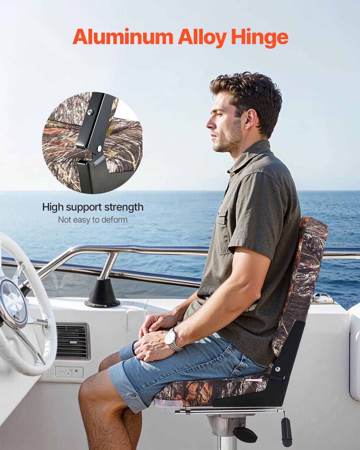VEVOR Siège de Bateau à Dossier Haut 2PCs, Support de Siège de Bateau Pliable, avec Coussin en Éponge Épais et Tissu en Polyester PU, Charnières en Alliage d'Aluminium, pour Pêche, Camouflage