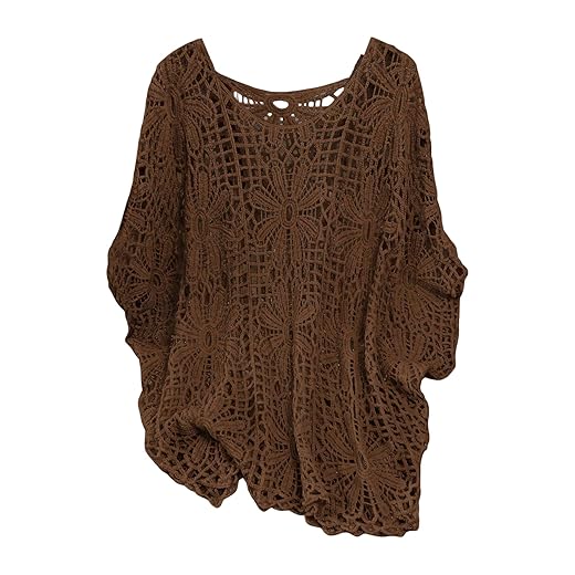 MakeMeChic Women's Plus Size Boho Tops Crochet Sweater Dolman Sleeve Beach Cover Up