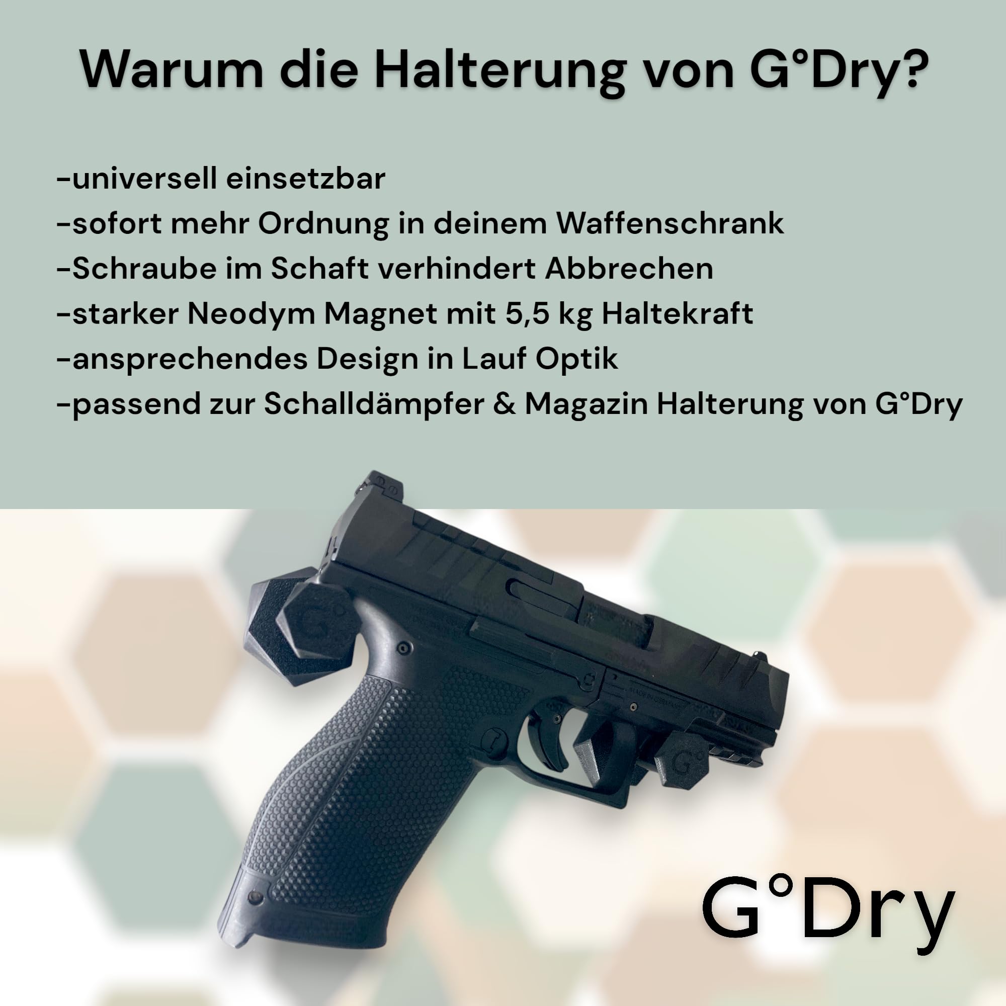 Waffenmagnet 2er Set – Pistolenhalter mit 11 kg Haltekraft – Gummierter Schaft & Moosgummi-Rückseite – Für Waffenschrank & Tresor – Universelle Halterung für Pistolen, Revolver & Kurzwaffen