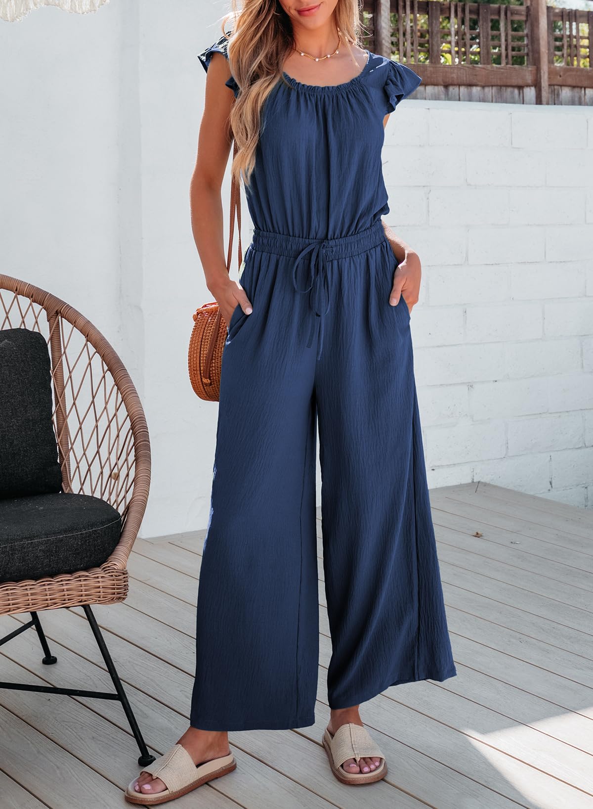 Dokotoo Jumpsuit Damen Sommer Musselin Overalls Elegant Rüschenärmel Hosenanzug Weites Bein Playsuit Lang Romper mit Kordelzug S-2XL
