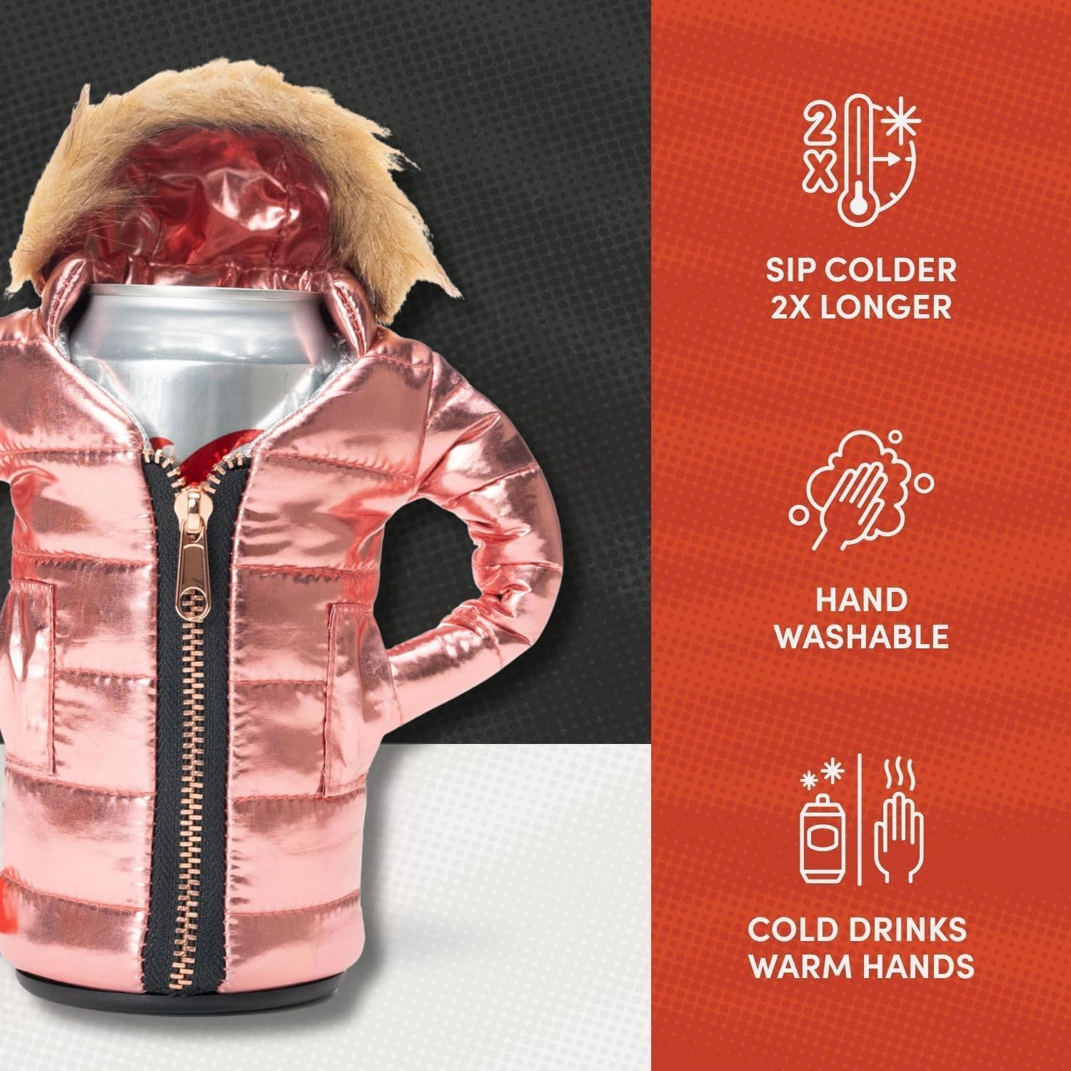 Puffin The Pahka Insulated Can Cooler Sleeve 12oz & 16oz Tall Can Parka - Non Slip Base, Beer Soda Drink Jacket for Cold or Hot Beverages - Rose Gold