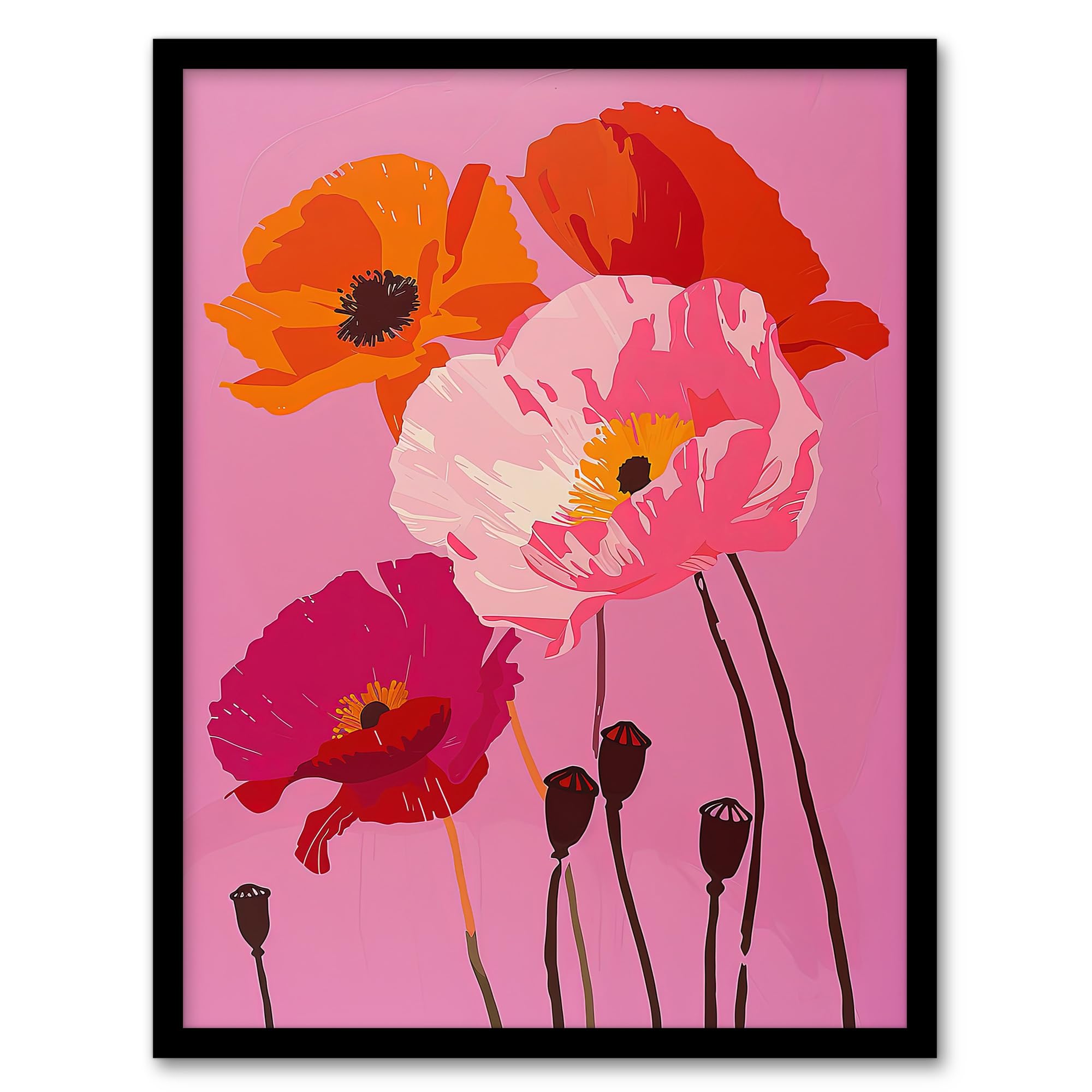Artery8 Poppy Flower Blooms Orange Pink Floral Design For Living Room Artwork Framed Wall Art Print 18X24 Inch