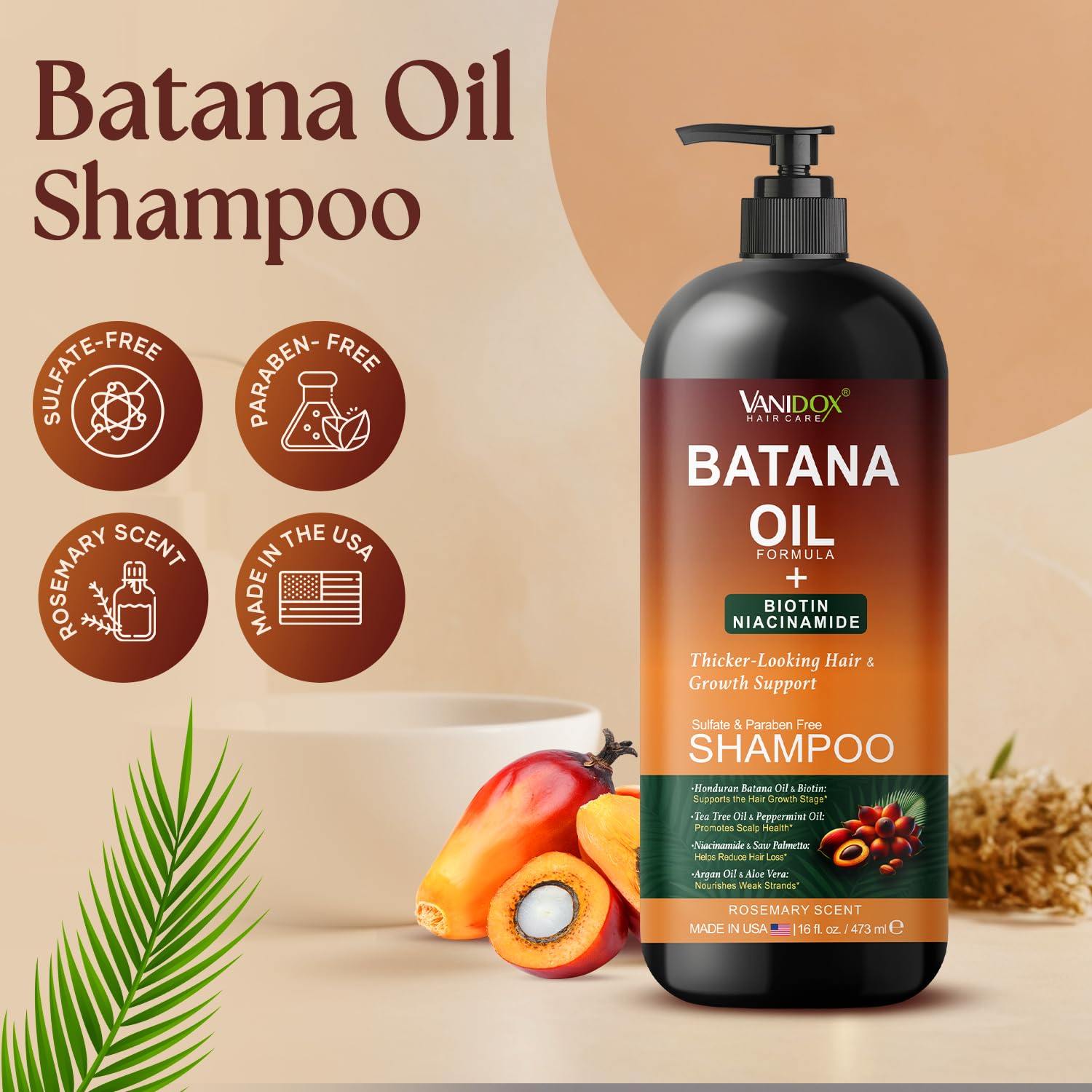 Batana Oil Shampoo – Biotin & Niacinamide Infused – Supports Thicker-Looking Hair – Moisturizing & Nourishing for Thinning Hair and Scalp Care – Sulfate-Free, 16 fl oz - Image 2