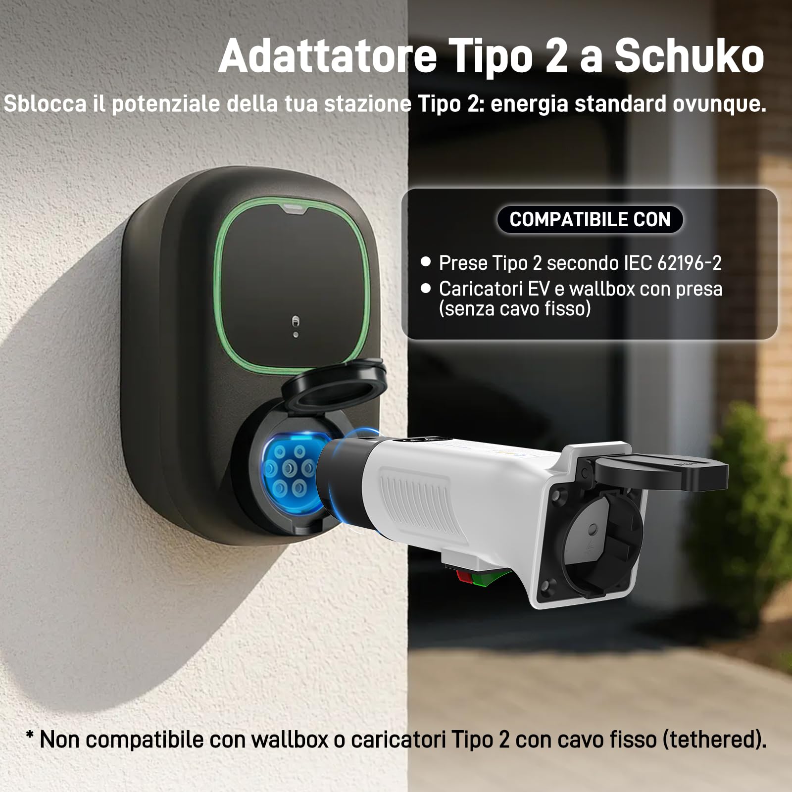 Adattatore Tipo 2 a Schuko per Colonnine di Ricarica & Wallbox (230 V, 16 A, 3,68 kW, IP44) | Spina Tipo 2 a Presa Schuko per E-Bike, Monopattini, Moto e Microcar Elettriche (non per V2L)