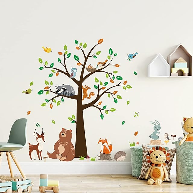 decalmile Woodland Animal Tree Wall Decals Bear Fox Deer Wall Stickers Kids Baby Nursery Bedroom Playing Room Wall Decor