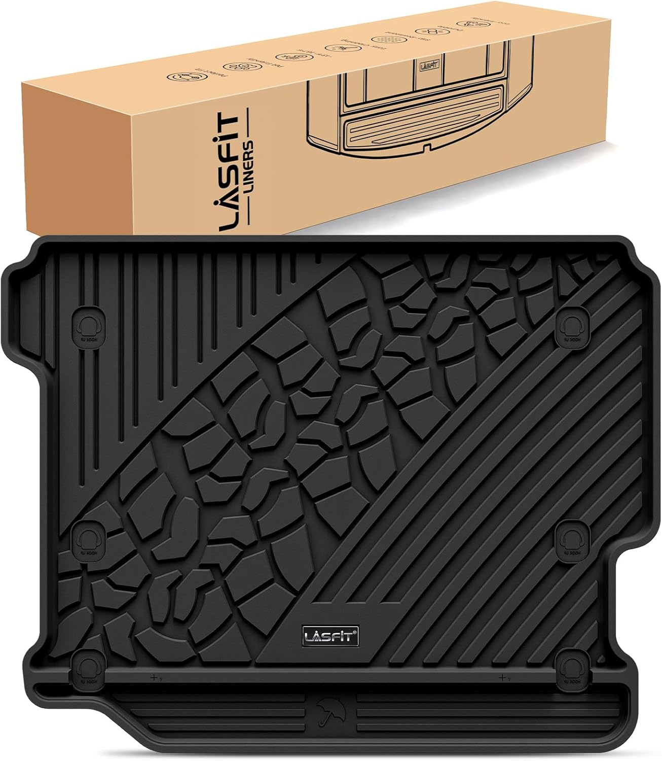 LASFIT Trunk Mat for Jeep Wrangler JL 2018-2025 2026 4 Door Cargo Without SUBWOOFER, All Weather TPE Custom Fit Cargo Mat for Flat Load Floor Gas Type (Not for JK/Not PHEV/Not 2-Door), Black