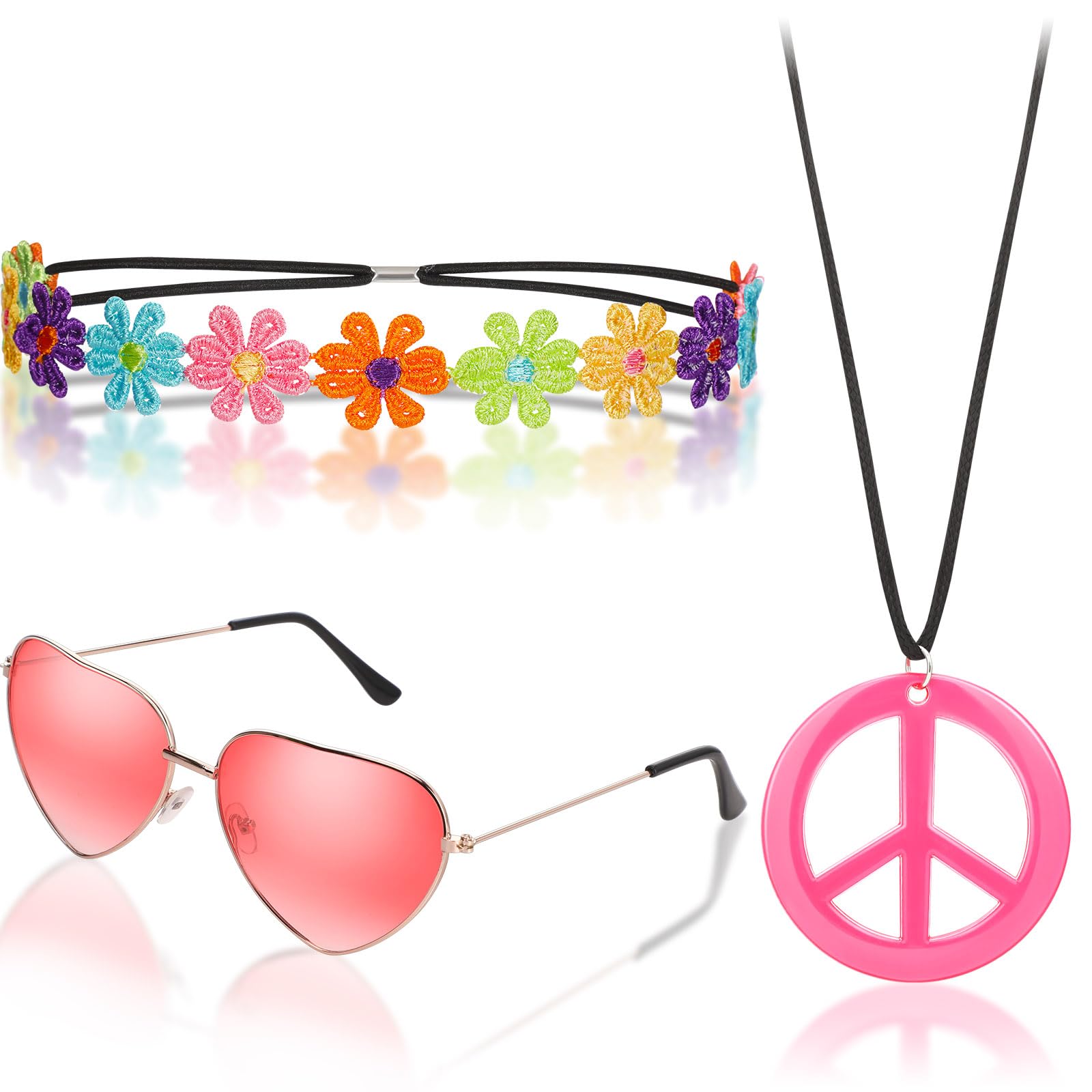 WILLBOND60s 70s Accessories for Women Hippie Costume Accessories Peace Sign Necklace Headband Hair Wreath Sunglasses