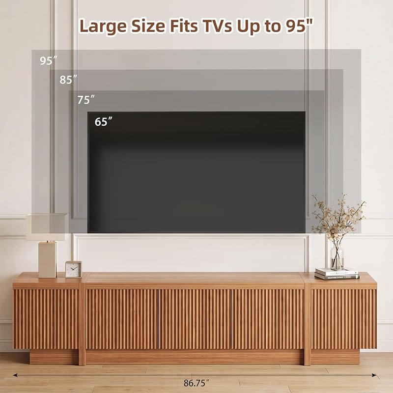 Fluted TV Stand with Storage, 86.75" Large Entertainment Center, Walnut image 4