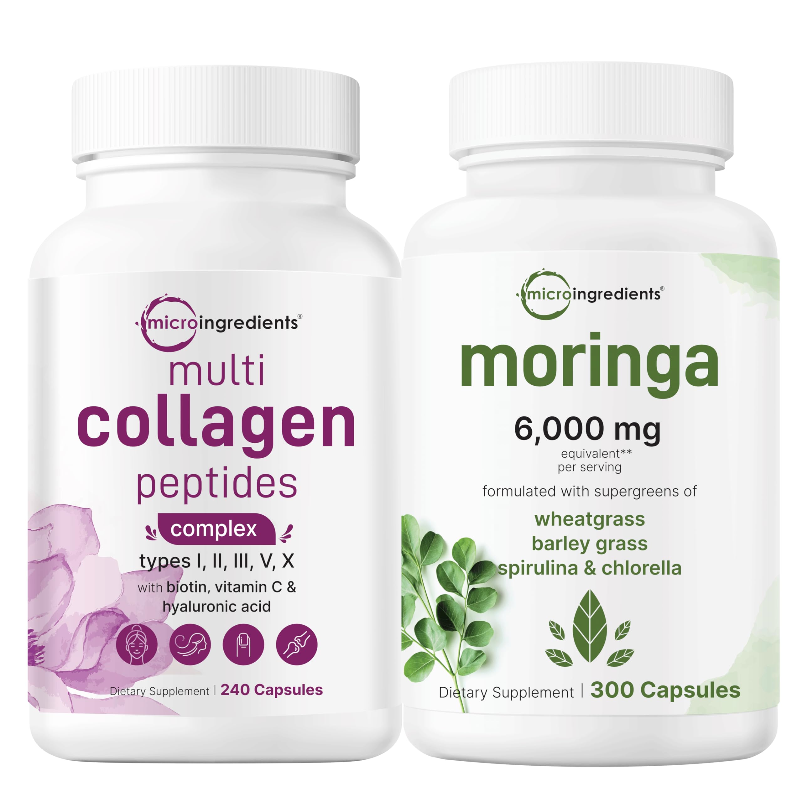 Micro Ingredients Multi Collagen Complex 240 Capsules & Moringa Oleifera 6,000mg Equivalent 300 Capsules Bundle 2 Pack | Hydrolyzed Protein Peptides | Antioxidant Supplement