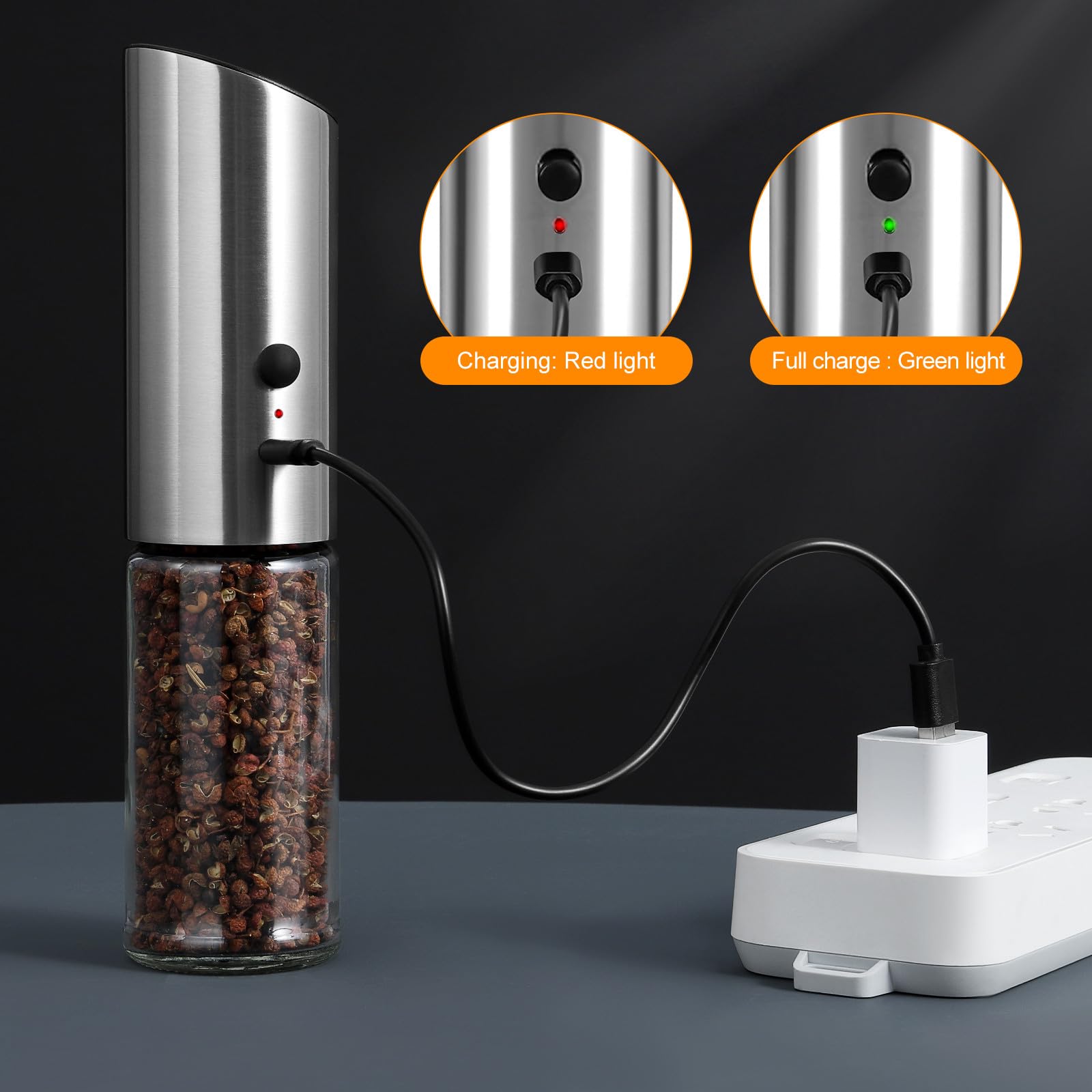 iplusmile Elektrische Pfeffermühle aus Edelstahl Verstellbarer Mahlgrad mit USB Aufladung und Einhändiger Bedienung für Salz und Gewürze für Camping und Picknick