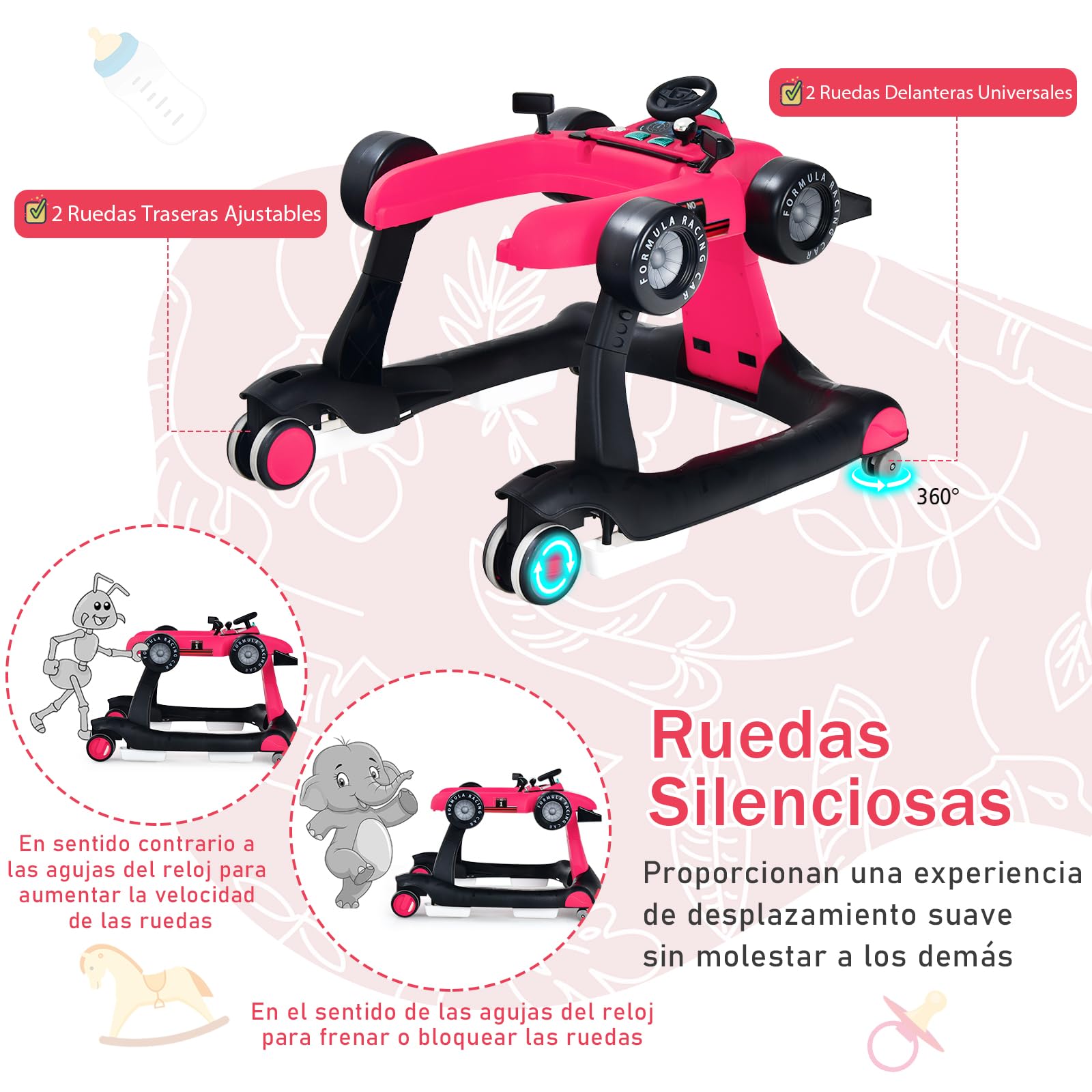 COSTWAY 4 en 1 Andador Bebes, Tacata Bebe Plegable con Altura y Velocidad Regulables, Carillón con Luces, Volante y Asiento con Cojín, Diseño Antivuelco, Caminador para Bebe de 6-18 Meses - 5