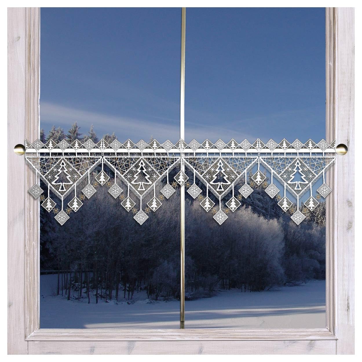Feenhaus-Spitzengardine Winterbäumchen | Moderne Winterdeko Plauener Spitze | Mini-Scheibenhänger mit Tannenbäumen und geometrischen Mustern in weiß-Gold | Fensterdeko 20cm hoch, viele Breiten
