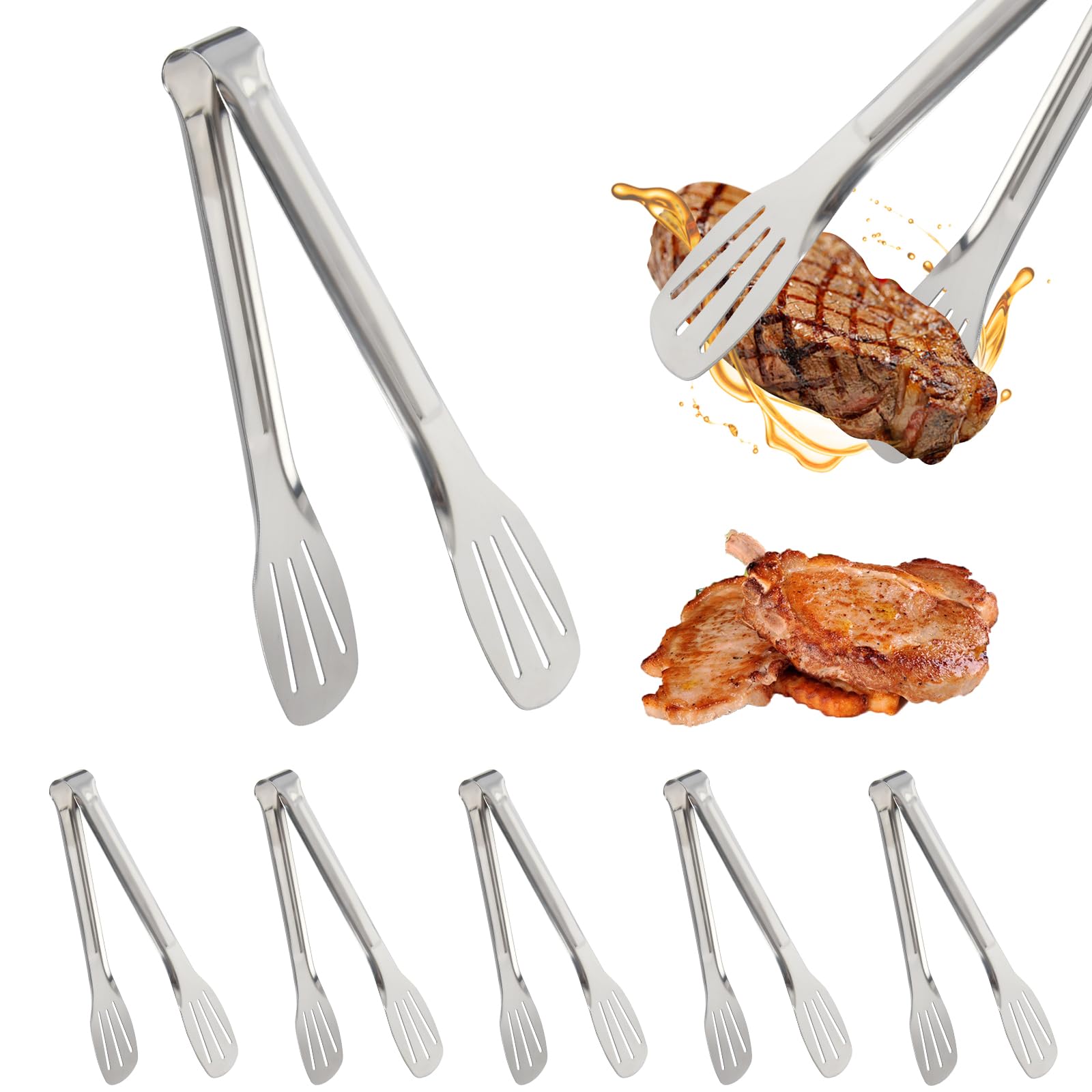 ANPUNAT 6 Pack Stainless Steel Buffet 7-Inch Cooking BBQ Salad Tongs Cake Tongs Small Kitchen Tongs for Home Kitchen Bar Party