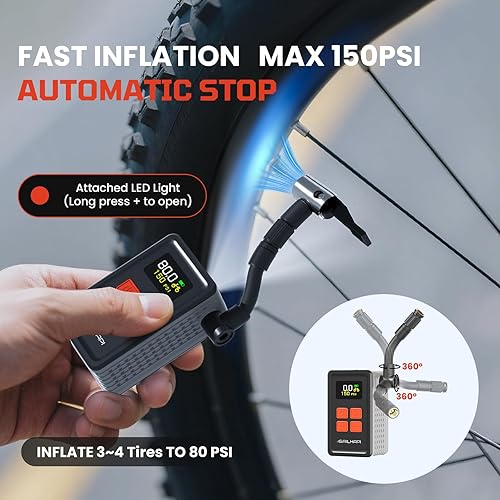 Miniatura 2 de Mini bomba de neumáticos para bicicleta (inflado rápido de 150 PSI con calibrador) (válvula Presta y Schrader) Bomba de aire eléctrica portátil para